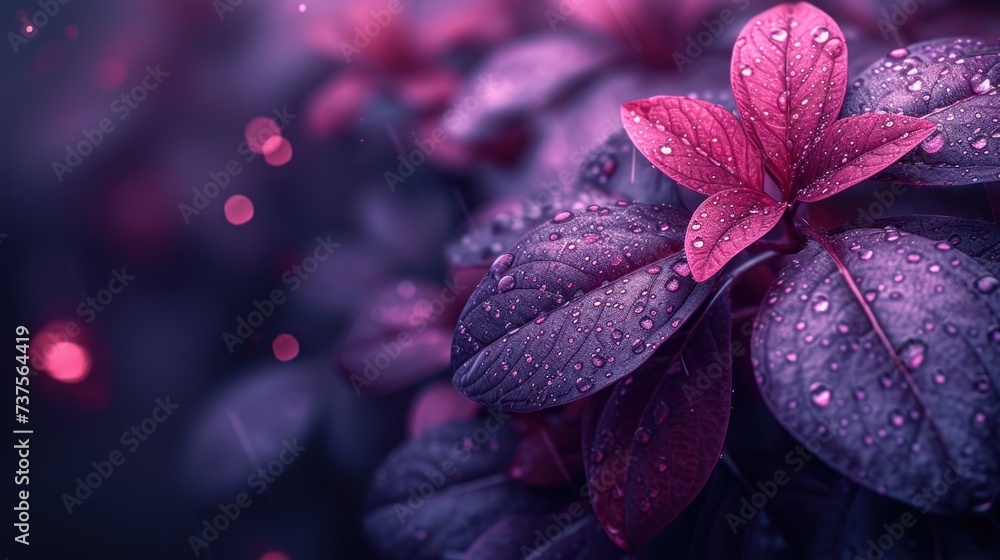 a close up of a pink flower with water droplets on it's petals and green leaves on a purple background. - obrazy, fototapety, plakaty 