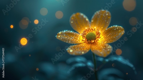 a close up of a yellow flower with drops of water on it's petals and a blurry background.
