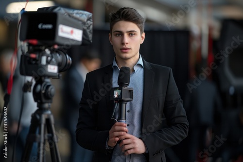 Man Holding Microphone in Front of Camera