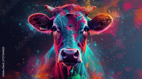a close up of a cow's face with multicolored paint splattered on the cow's face.