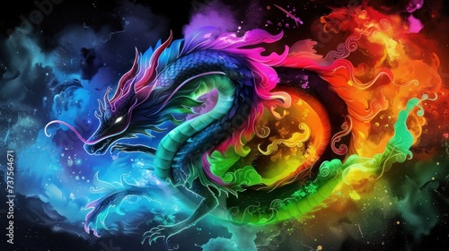 a colorful dragon sitting in the middle of a cloud filled sky with a rainbow colored dragon on it's back.