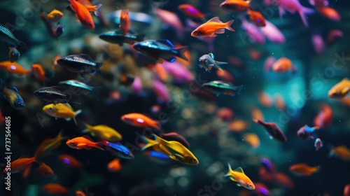 a large group of colorful fish swimming in a large aquarium filled with other colorful fish on a dark blue background.