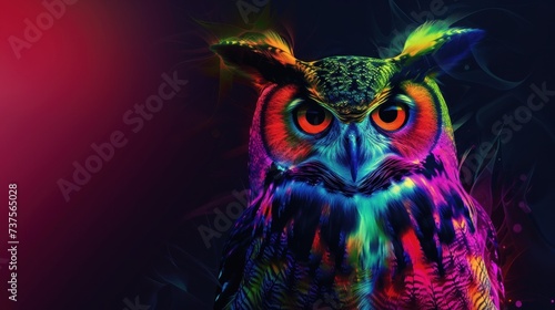 a brightly colored owl sitting on top of a black table next to a red and blue wall and a black background. © Shanti