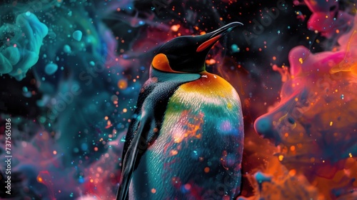 a colorful painting of a penguin with a black head and a yellow beak and a black head and a red, yellow, blue, and orange beak. photo