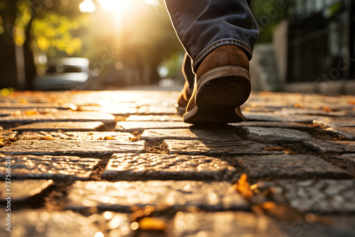 Moving Forward: A Visual Metaphor of Progress and Exploration through a Footstep on Cobblestone Path
