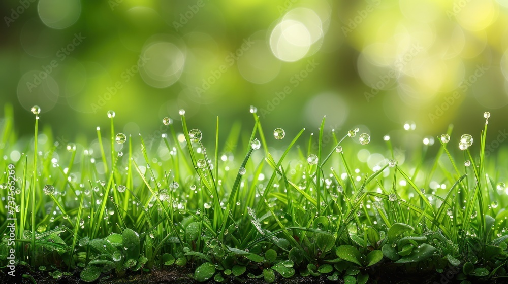 a close up of a grass field with water droplets on the grass and a green boke of light in the background.