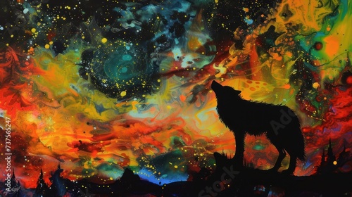 a painting of a wolf standing on top of a hill in front of a sky filled with multicolored clouds.
