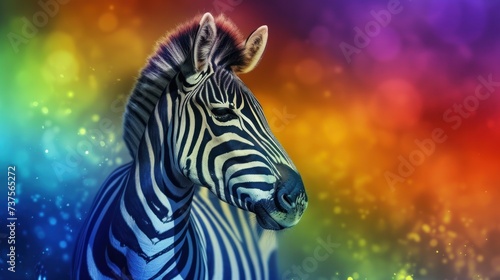 a close up of a zebra in front of a multicolored background with bubbles of light coming from the top of the zebra's head.