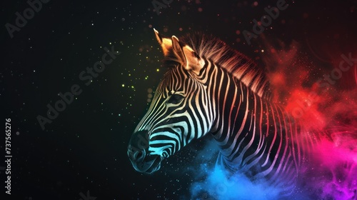 a close up of a zebra's head in front of a multicolored background of smoke and stars.
