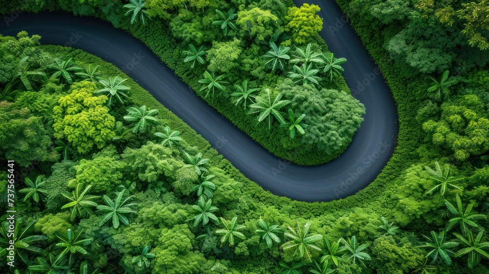 an aerial view of a winding road in the middle of a lush green forest with palm trees on both sides.