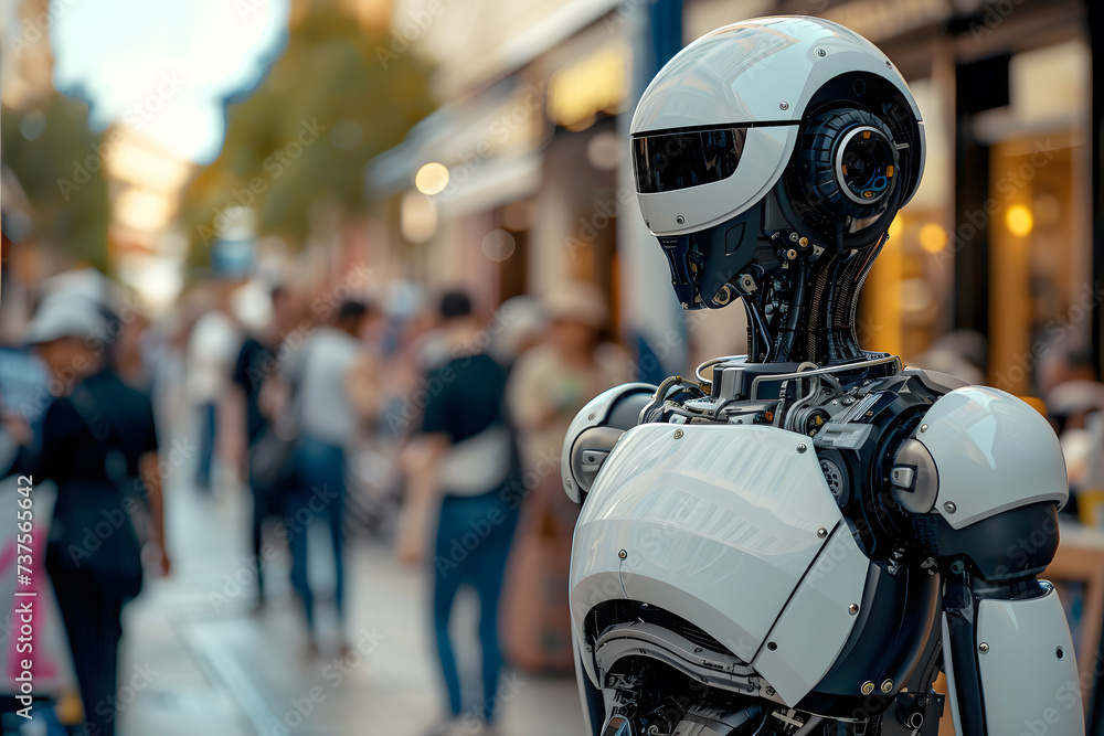 A robot on the streets of a big city among people. Artificial intelligence in modern lifestyle. A robot on the streets of a big city among people. Artificial intelligence in modern lifestyle.