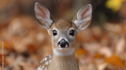 a close up of a deer's face with leaves on the ground in the foreground and a blurry background. © Shanti