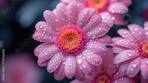 a close up of a pink flower with water droplets on it's petals and the center of the flower.