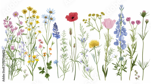 Wild flowers vector collection. Herbs, herbaceous flowering plants, blooming flowers, subshrubs isolated on white background. Detailed botanical vector illustration for design decoration