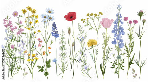 Wild flowers vector collection. Herbs  herbaceous flowering plants  blooming flowers  subshrubs isolated on white background. Detailed botanical vector illustration for design decoration