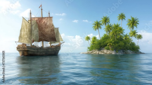 a pirate ship in the middle of the ocean with a small island in the middle of the ocean in the background.