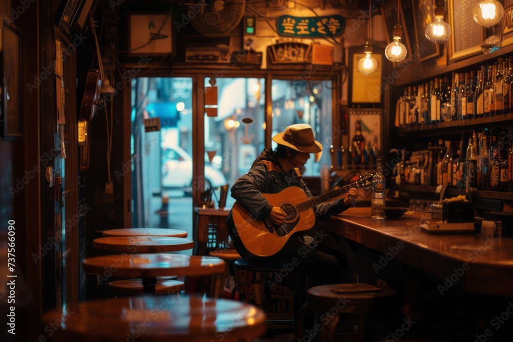 Man Sitting at a Bar Playing a Guitar Man Sitting at a Bar Playing a Guitar