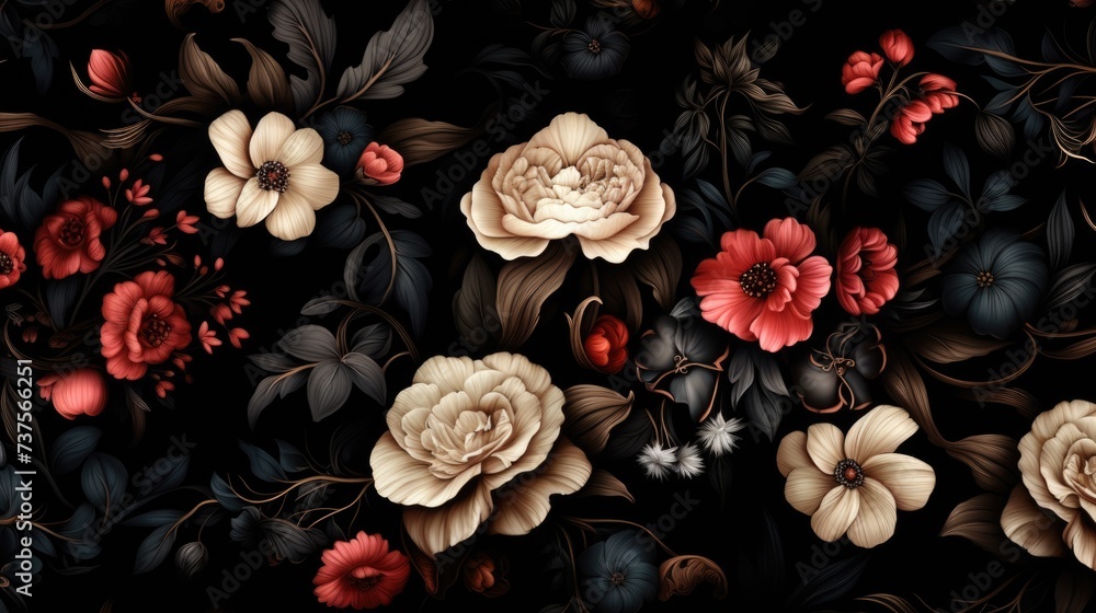 Background with different flowers in Jet Black color