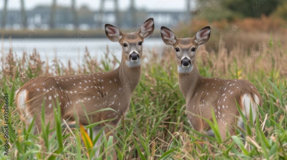 a couple of deer standing next to each other on a lush green field next to a body of water with a bridge in the background.