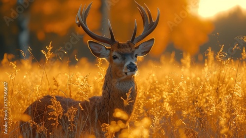 a close up of a deer in a field of tall grass with the sun shining through the trees in the background. © Shanti