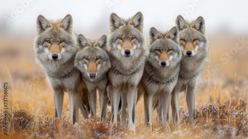 a group of three grey wolf standing next to each other on a dry grass covered field in front of a blurry sky. © Shanti