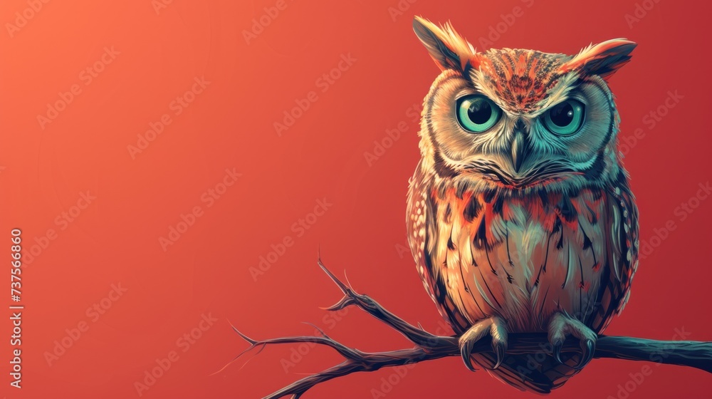 a painting of an owl sitting on a tree branch with a red back ground and a red sky in the background. a painting of an owl sitting on a tree branch with a red back ground and a red sky in the background.