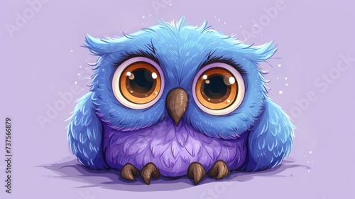 a blue and purple owl sitting on top of a purple floor next to a purple wall with lots of brown eyes. © Shanti