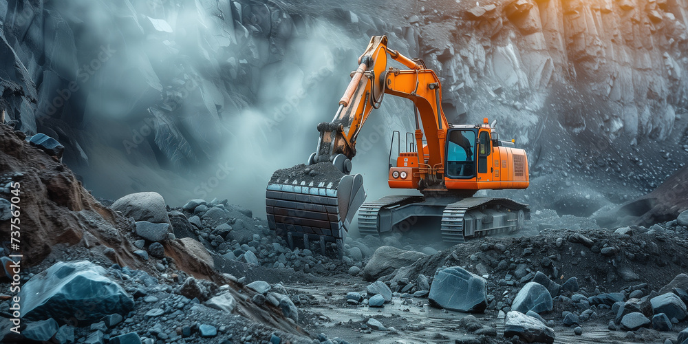 Excavator in Action at Quarry. Heavy machinery operating in a rocky excavation site. - obrazy, fototapety, plakaty 