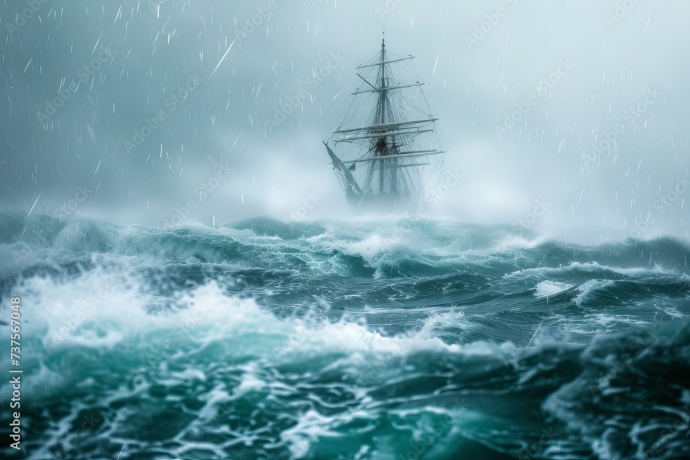 Obraz premium Ship Battling Through Stormy Ocean