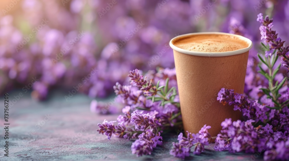 a cup of coffee sitting on top of a table next to a bunch of purple flowers on top of a table. a cup of coffee sitting on top of a table next to a bunch of purple flowers on top of a table.