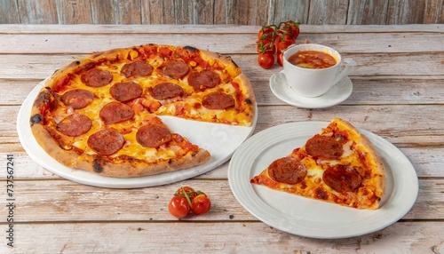 Pizza de pepperoni. Fatia de pizza de pepperoni em um prato branco sobre a mesa de madeira. Pizza quase completa ao fundo. photo