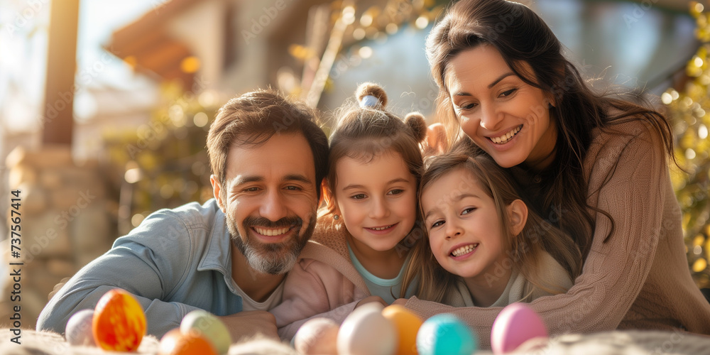 Happy easter! Happy family celebrating Easter holiday, rejoicing next to Easter eggs at the table Happy easter! Happy family celebrating Easter holiday, rejoicing next to Easter eggs at the table