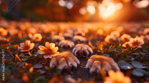 a group of puppies laying on top of a lush green field next to a field of sunflowers.