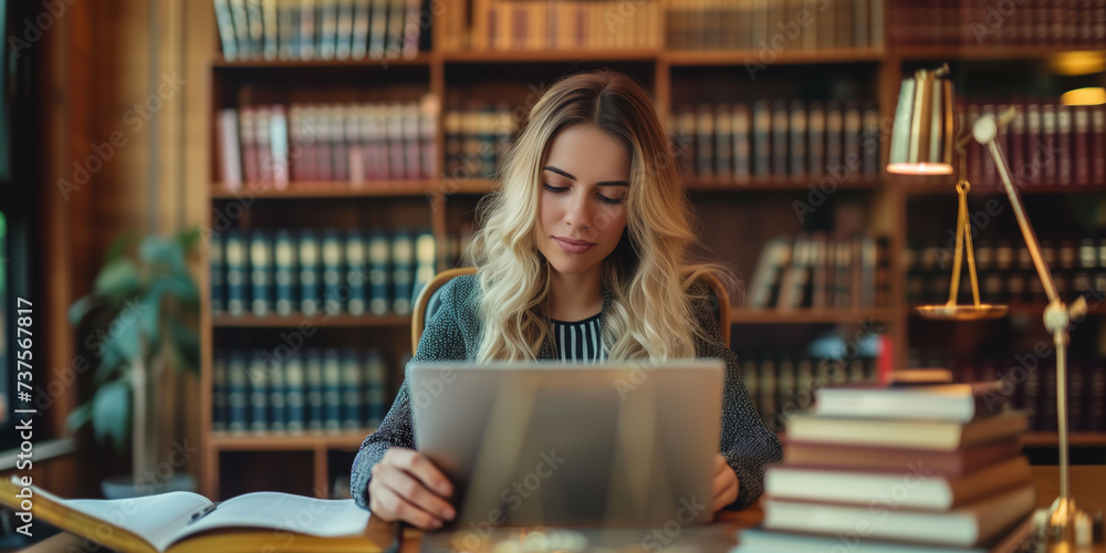 A lawyer works in his office on a laptop or computer.. Focused Attorney at Work in Law Library. A lawyer works in his office on a laptop or computer.. Focused Attorney at Work in Law Library.