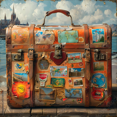 Vintage Suitcase with Travel Stickers Overlooking a Serene Waterfront
