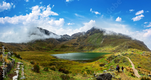 Natural landscape of mountains and lagoon in the snowy Huaytapallana, Huancayo Peru.