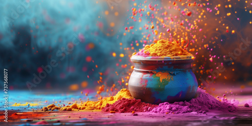 Explosion of Holi Colors from Pot on Vibrant Background