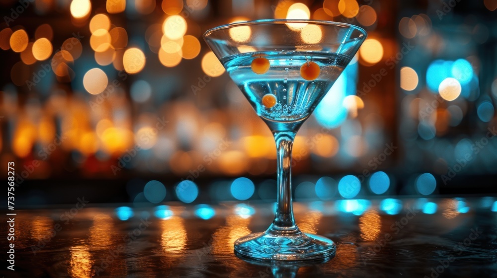 a close up of a martini glass on a table with blurry lights in the backround of the image.