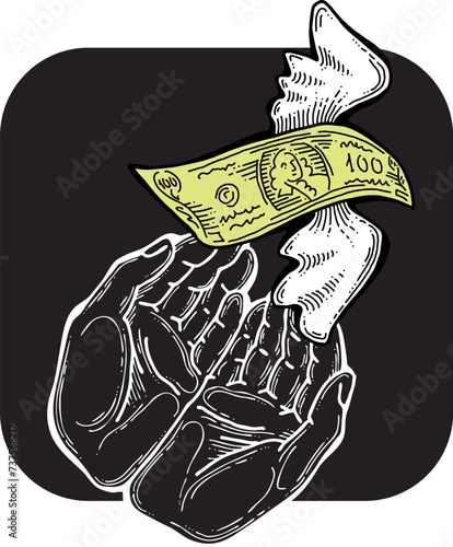 Big dollars banknotes money in your hands. Finance business, commerce, payment economy  theme for poster print, vector elements. Take or give loan. Hand drawn illustration. Cartoon style drawing.
