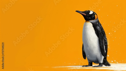 a black and white penguin standing on top of a puddle of water on an orange background with a splash of water on the penguin s head.