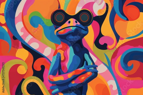 An eccentric cartoon frog donning bold glasses brings a splash of modern art to life through its vibrant painted visage