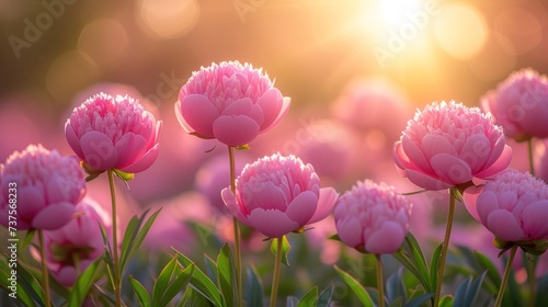 a bunch of pink flowers that are blooming in a field of green grass with the sun shining in the background.