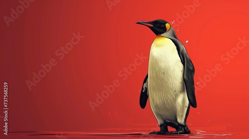 a painting of a penguin standing in water on a red background with a splash of water on it's face.