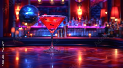 a close up of a drink on a table in front of a bar with a disco ball in the background.
