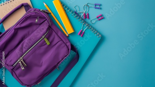a purple bag with notebooks and pencils on a desk generative ai