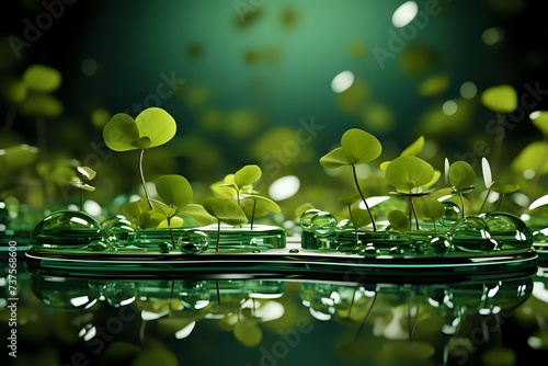 Emerald Water Drops and Clover Leaves.Glistening water drops and vibrant clover leaves create a lush, green scene evoking themes of growth and luck. An ideal image for wellness, nature concepts
