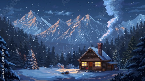 Amidst a wintry landscape, a cozy cabin nestled among snow-covered spruce trees awaits its inhabitants to celebrate christmas in the freezing night