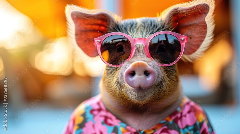 a pig wearing sunglasses and a shirt with a flower print on it's chest and a pink bow tie around it's neck.