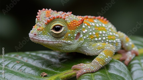 a close up of a green and orange lizard on a green leaf with white dots on it's head.