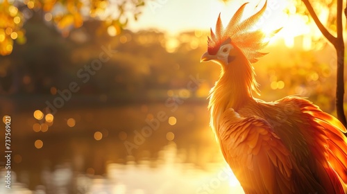 A majestic gallinaceous bird basks in the warm sunset glow, its vibrant feathers reflecting the colors of the sky, as it stands confidently before a tranquil body of water photo